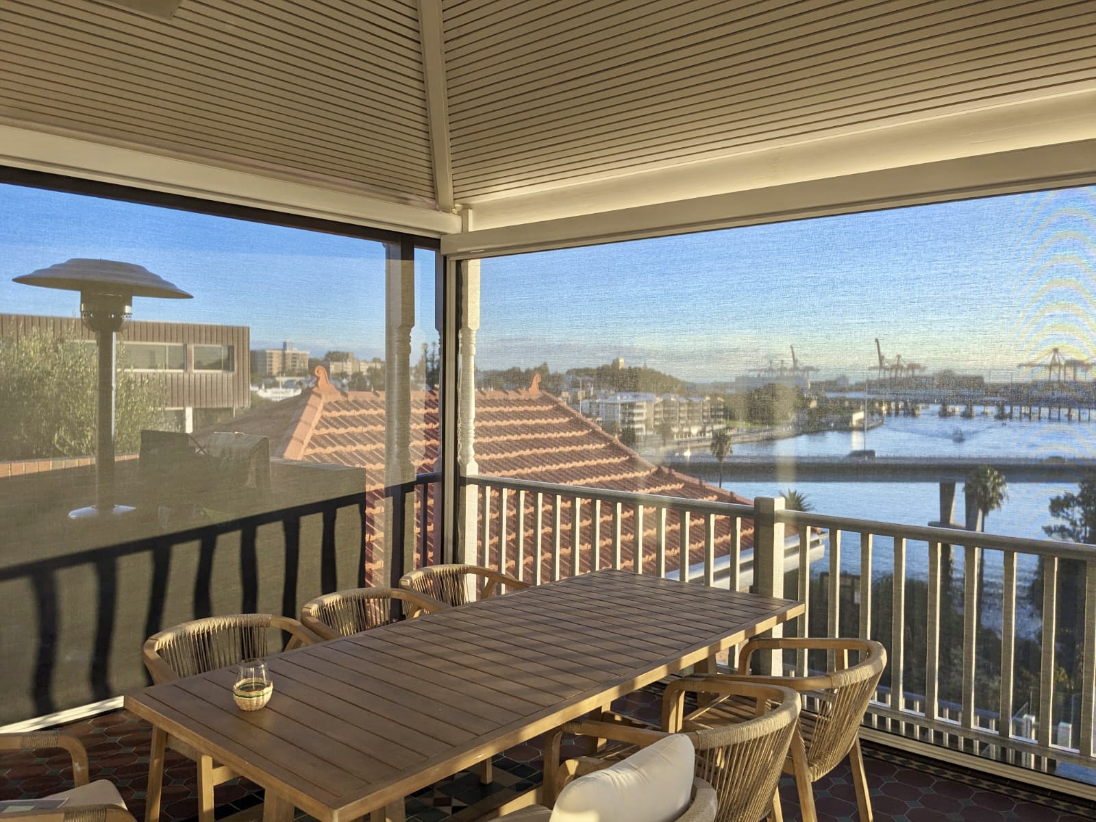 Ziptrak blinds on waterfront balcony with river views, East Fremantle